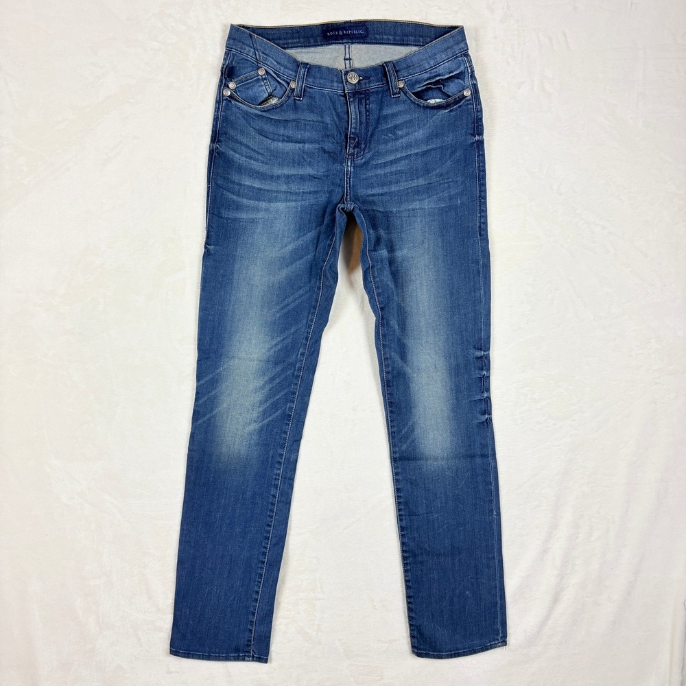 Rock & Republic Jeans Women Sz 10 Dark Wash‎ Berlin Straight Embroidered Pockets